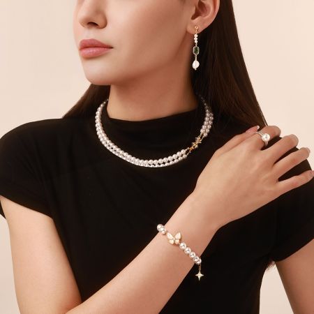 Bow Tie Round Pearl Double Strand Necklace