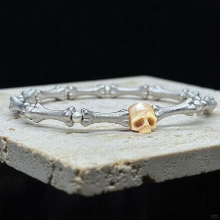 Carved Skull with Bones Pearl Strand Bracelet