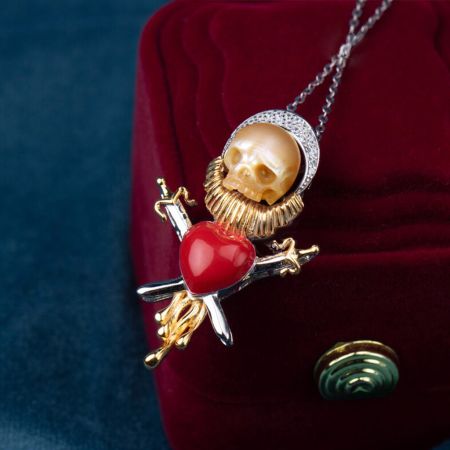 Gothic Cross Swords Heart Carved Skull Pearl Necklace