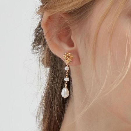 Rose Pearl Bridal Wedding Drop Earrings
