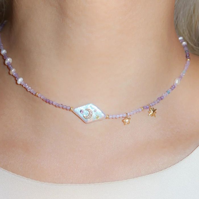 Star With Moon Freshwater Pearl Strand Necklace