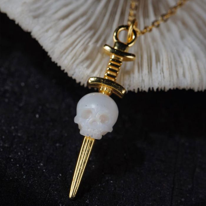 Sword Carved Skull Pearl Pendant Necklace