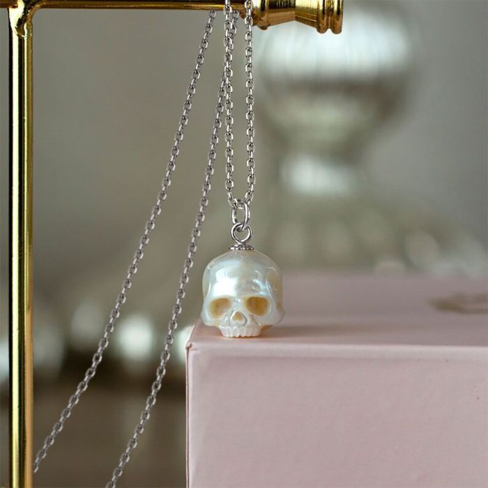 Carved Skull Pearl Pendant Necklace